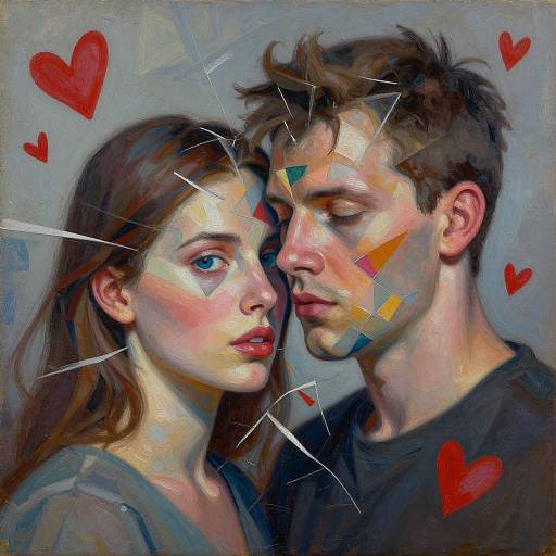Digital painting of a young couple with emotional, fragmented faces, leaning close, surrounded by red hearts, against a textured gray background.