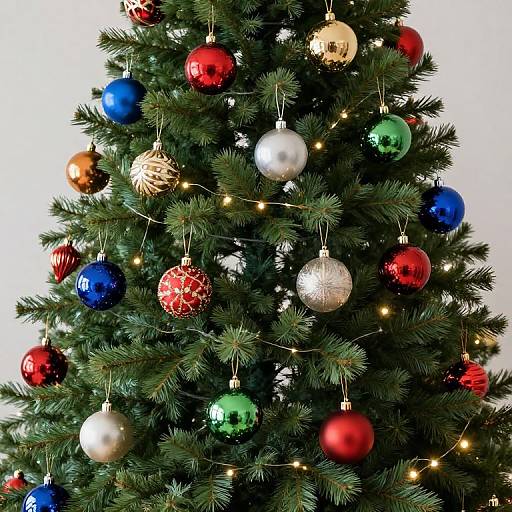 Photograph of a decorated Christmas tree with colorful baubles (red, blue, gold, silver), star-shaped ornaments, and twinkling lights against