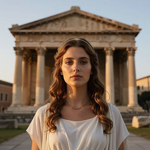 Photograph of a young woman with wavy brown hair, wearing a white dress and gold headband, standing in front of an ancient Greek-style temple