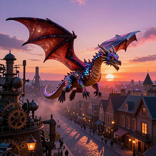 Iridescent Dragon Over Steampunk Cityscape