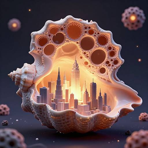 Digital artwork: A glowing, orange-lit cityscape within a detailed, textured seashell against a dark, starry background, surrounded by floating