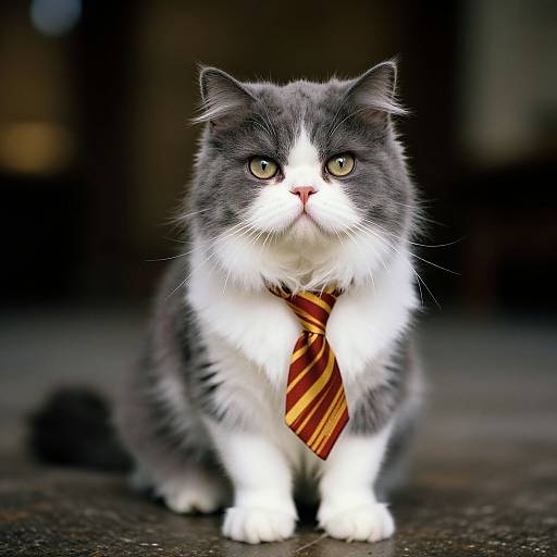 Photograph of a gray and white long-haired cat with yellow eyes, wearing a red and yellow striped tie, sitting on a dark, textured surface.