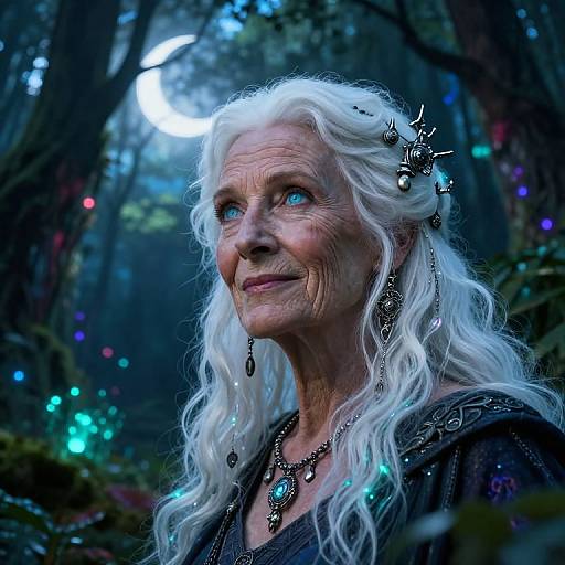 Photograph of an elderly woman with long, white, wavy hair, wearing ornate, black jewelry, and a dark, embroidered top, in