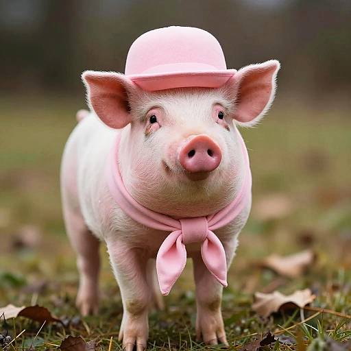 Photograph of a pink pig wearing a pink hat and scarf, standing on grass with a blurred forest background.