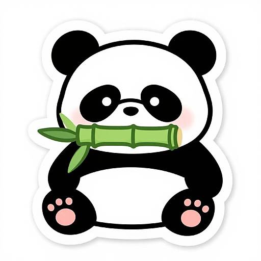 Cute digital drawing of a chibi-style black and white panda with pink paw pads, holding a green bamboo stick in its mouth.