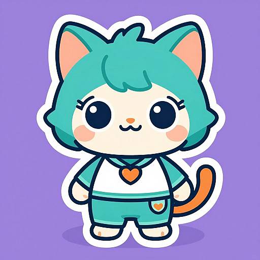 Cute, chibi-style digital drawing of an anthropomorphic cat with turquoise hair, white face, blue outfit, orange heart, and tail, set