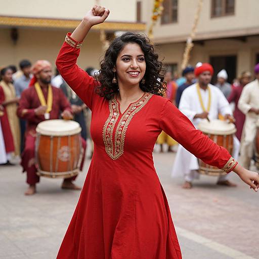 Photograph of a smiling South Asian woman with curly black hair, wearing a red traditional kurti with gold embroidery, dancing in a street parade with