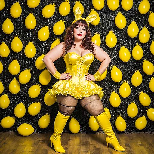 Curvy woman in yellow satin bunny costume