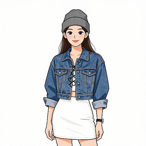 Digital illustration of a smiling Asian woman with long black hair, wearing a gray beanie, blue denim jacket, and white skirt.