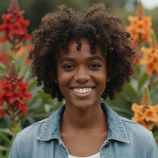 Photograph of a smiling young Black woman with curly hair, wearing a light blue denim jacket, set against a vibrant garden background with red and orange flowers