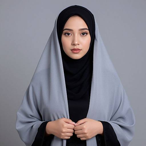 Digital portrait of a young woman with fair skin, dark eyes, and full lips, wearing a black hijab and light blue cloak, hands clasped