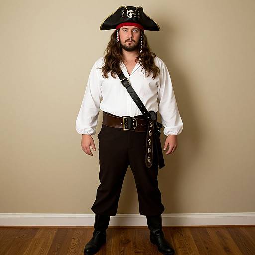 Photograph of a bearded man with long brown hair, wearing a black pirate hat, white shirt, black pants, and belt, standing on wooden