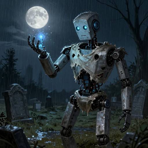 Digital illustration of a rain-soaked, glowing-eyed robot in tattered clothes, holding a blue orb under a full moon in a haunted graveyard.