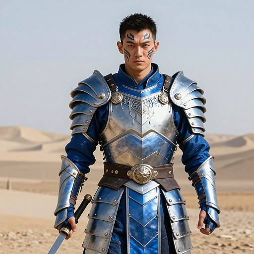 Photorealistic CGI of a fierce Asian male warrior in shiny blue and silver armor, standing in a desert with sand dunes, holding a sword,