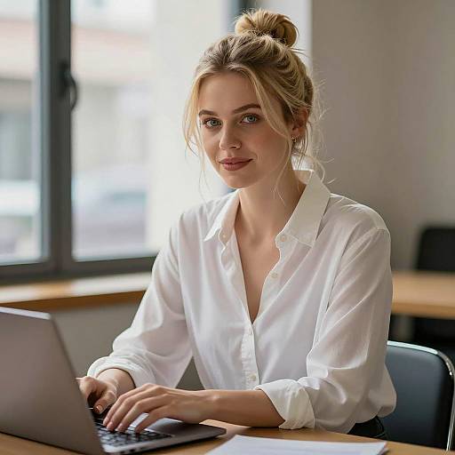 Blonde Woman at Table with Laptop