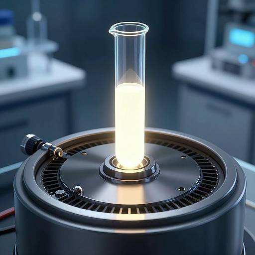 Photograph of a glowing, cylindrical light bulb centered on a metallic, circular apparatus in a modern laboratory with blurred background.