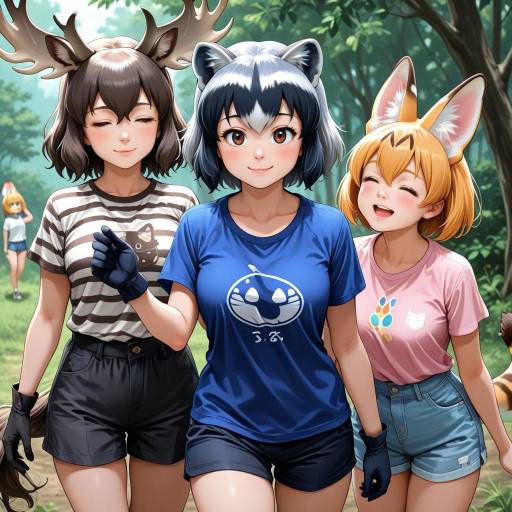 Anime Girls in Animal Ears in Forest