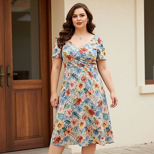 Photograph of a curvy woman with long dark hair, wearing a colorful floral dress, standing in front of a wooden door.