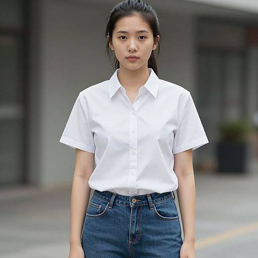Photograph of an Asian woman with straight black hair in a white short-sleeve button-up shirt and high-waisted blue jeans, standing outdoors