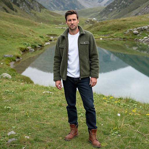 Photograph of a handsome man with short brown hair, green jacket, white shirt, dark jeans, brown boots, standing by a mountain lake.