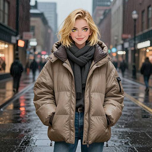 Photograph of a smiling blonde woman with yellow eyes, wearing a beige puffy jacket, black scarf, and jeans, standing in a rainy urban street