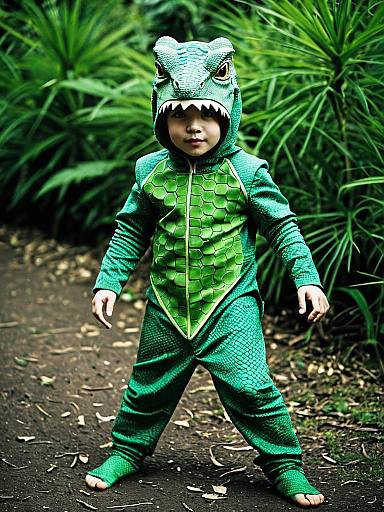 Child in Green Lizard Costume Outdoors