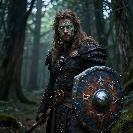 Photorealistic CGI of a fierce, green-eyed Viking warrior with long brown hair, wearing dark armor and holding a detailed, metal shield, standing in