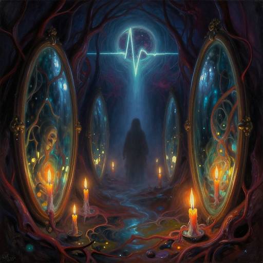 Digital fantasy artwork: Dark, cavernous room with glowing candles, mirrored portraits of eerie faces, and a blue heartbeat ECG in the background.