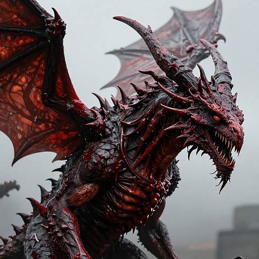 Photograph of a fierce, red-scaled, black-spiked dragon with massive, membranous wings, roaring menacingly against a cloudy, over