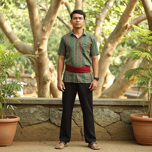 Photograph of an Asian man with short black hair, wearing a patterned green shirt, red belt, black pants, and sandals, standing in a