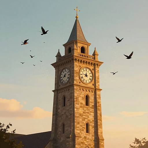 Photograph of a tall stone clock tower with a pointed roof and golden sunlit texture, surrounded by flying birds against a clear, blue-orange sunset sky