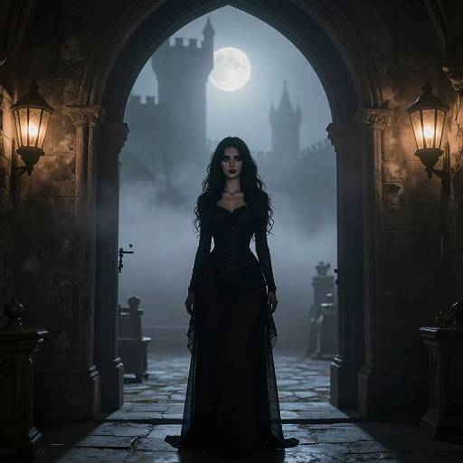 Gothic-style photograph of a dark-haired woman in a black, long-sleeved gown standing in a misty, moonlit archway with