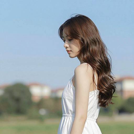 Photograph of an Asian woman with long, wavy brown hair in a white sundress, standing in a green field against a clear blue sky and