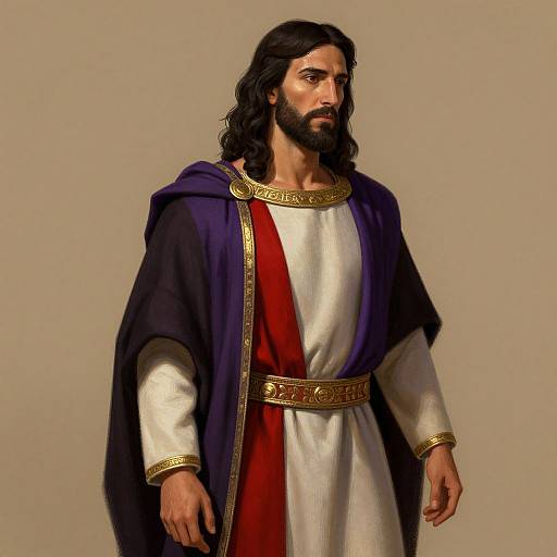 Digital artwork of a bearded man with long black hair, wearing a white tunic, red sash, and blue cloak with gold trim, standing