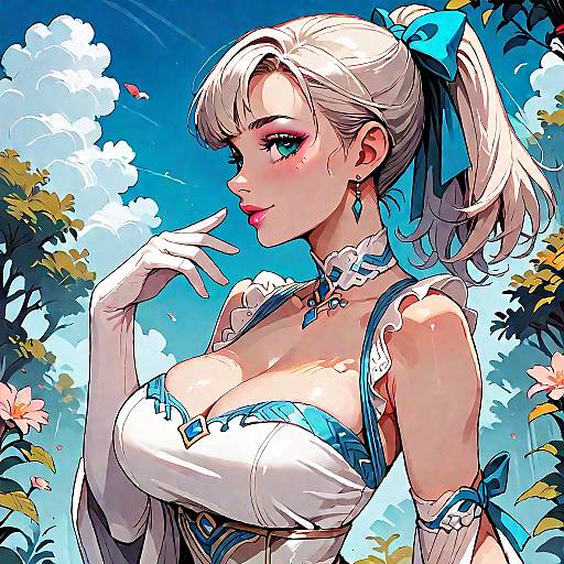 Anime Girl in White Dress with Blue Ribbon