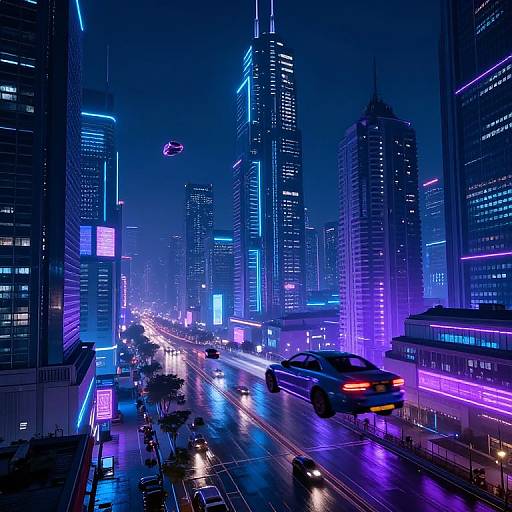 Neon-lit, futuristic cityscape photograph at night, featuring brightly glowing skyscrapers, illuminated streetlights, and blurred car lights on a wet