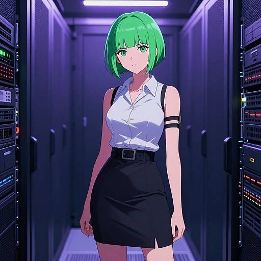 Digital anime-style illustration of a green-haired woman in a white sleeveless blouse and black skirt, standing in a lit, dark blue server room.