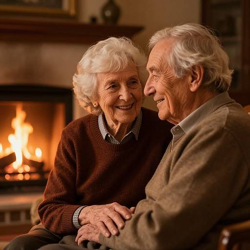 Photograph of an elderly white couple sitting close, smiling at each other by a roaring fireplace, wearing cozy sweaters and collared shirts. Warm,