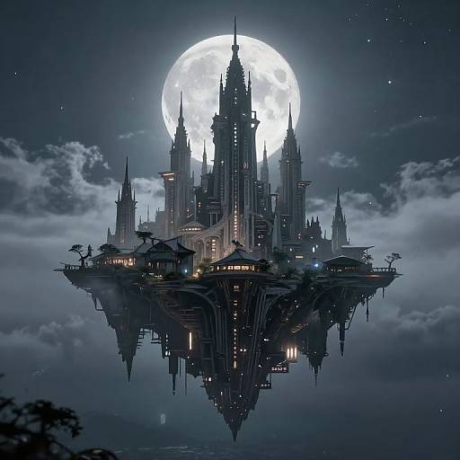 Digital artwork of a floating, gothic-style castle with intricate spires, illuminated by a full moon, surrounded by dark, cloudy night sky.