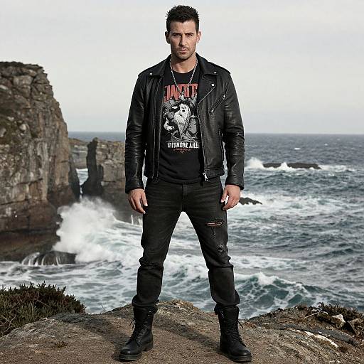 Photograph of a muscular man with short dark hair, wearing a black leather jacket, 