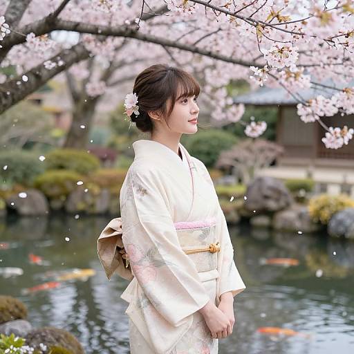 Photograph of a Japanese woman in a white kimono with floral patterns, flower in hair, standing by a cherry blossom tree, pond with koi
