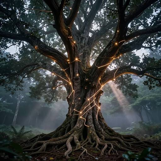Photograph of a massive, ancient tree with twisted roots, illuminated by string lights, in a misty forest, with sunlight rays piercing through dense foliage