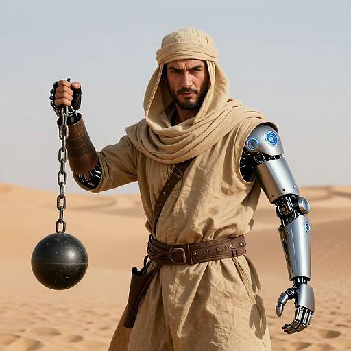 Photograph of a bearded man in a beige desert robe and cybernetic arm, holding a chain with a black ball, in a sandy desert