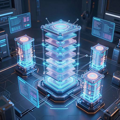 CGI image of a futuristic, neon-blue, holographic laboratory with glowing, cylindrical, and stacked devices connected by holographic interfaces in a dark,