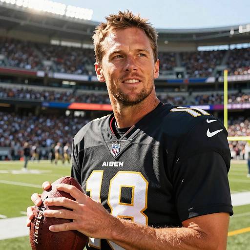 Photograph of a smiling, muscular, bearded male football player in a black Arizona Cardinals uniform with number 18, holding a football on a sunny