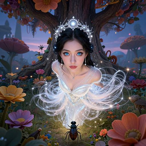 Digital art of a fairy-like woman with glowing blue eyes, black hair, and white luminescent dress, surrounded by colorful flowers, a tree,
