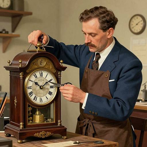 Photograph of a mustachioed man in a navy suit and brown apron, repairing a vintage wooden grandfather clock in a workshop.