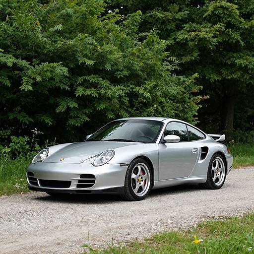 Photograph of a silver Porsche 911 Carrera with black trim, on a gravel path, surrounded by dense, green forest.
