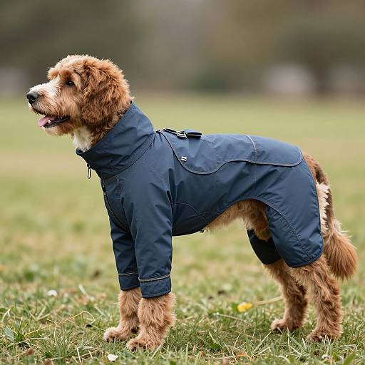 Photograph of a brown and white dog with a blue raincoat standing on green grass in a blurred park background.