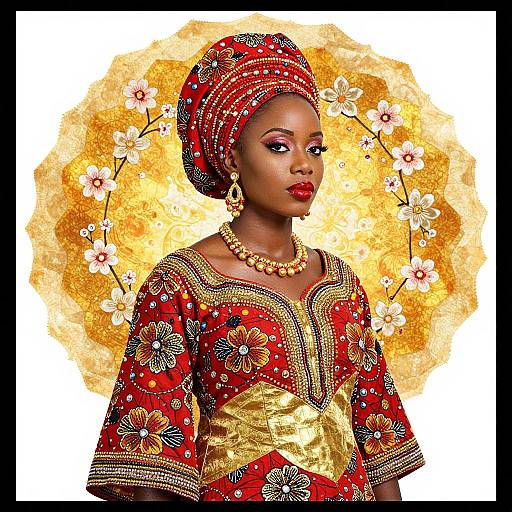 Photograph of an elegant African woman in a vibrant red and gold traditional dress, adorned with intricate patterns, pearl necklace, and matching headwrap, set
